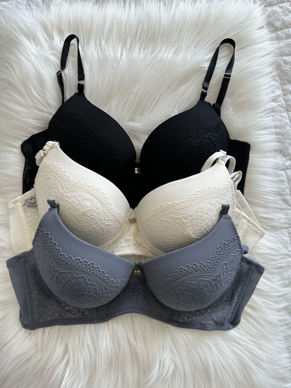 Nicole Miller Bra Set 34C (3 pcs) Black White Grey Lace Bras